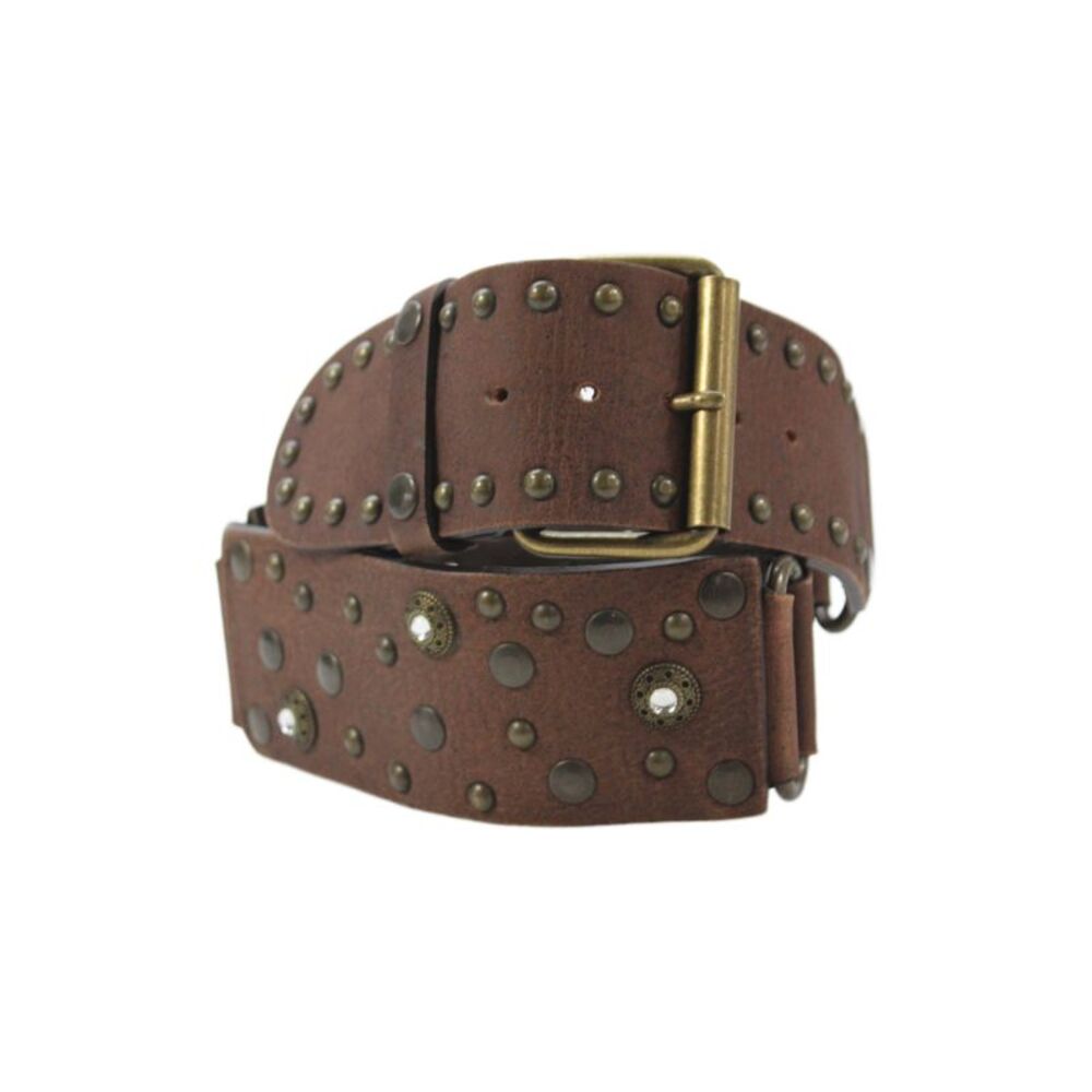 Nanni Womens Leather Studded Embellished Wide Buckle Belt Brown Size 34